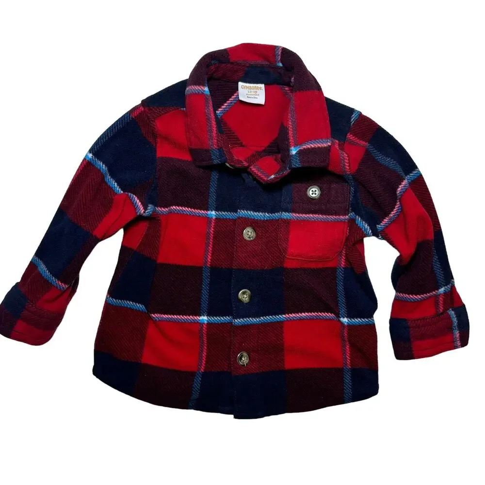 Gymboree 12-18M Baby Boy Red Navy Plaid Button Up Shirt Jacket Flannel Top